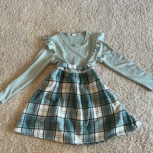 Green Ruffle Long Sleeve Dress with Plaid Skirt